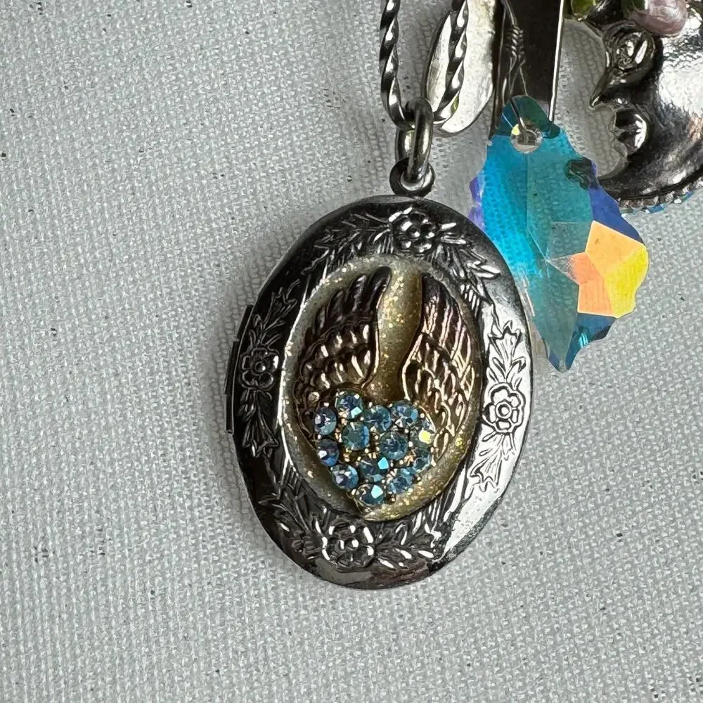 Kirks Folly Necklace I Remember You By Heart Silver Tone Locket Charms Blue Bead